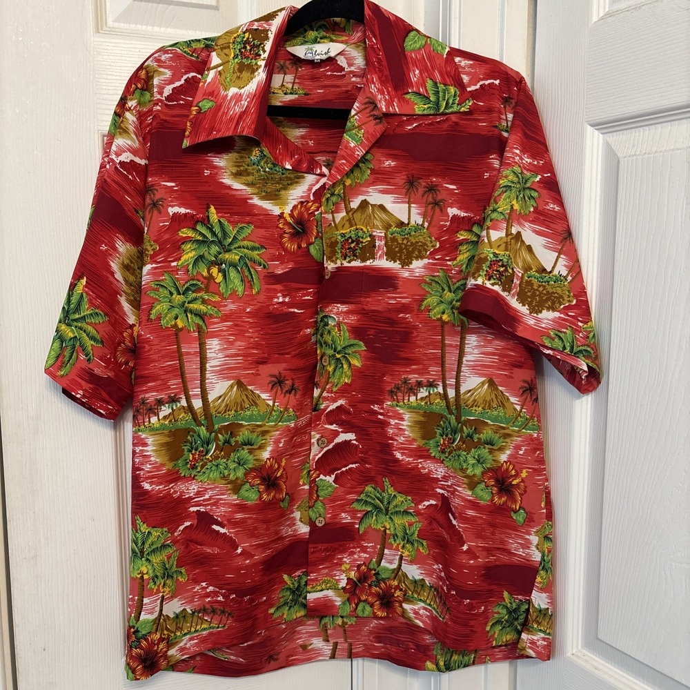 Alvish Mens Hawaiian Camp Shirt Red Volcano Palm Tree Tropical Short Sleeve M